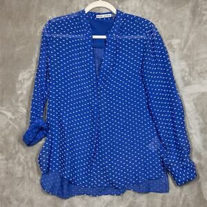 Alice Olivia Blue Dotted Long Sleeve Blouse Top, Flowy Sheer size S